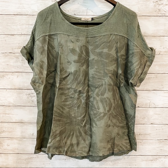Tops - Olive Green Linen Floral Top
